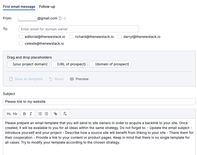 Semrush link building toll: email outreach section