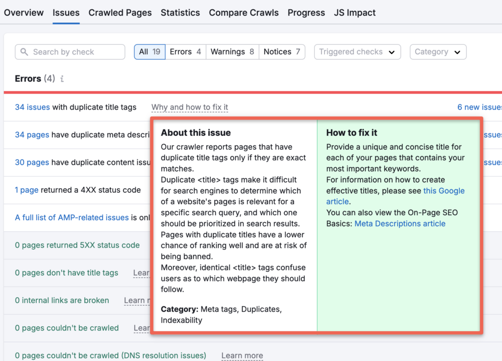 Semrush site audit helps to identify the issue ang giving suggestion to fix it.