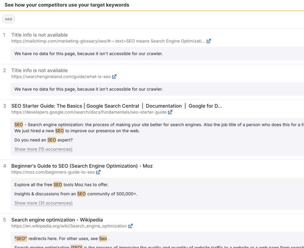 semrush SEO content template, showing the top 20 competitors of the targettig keyword.