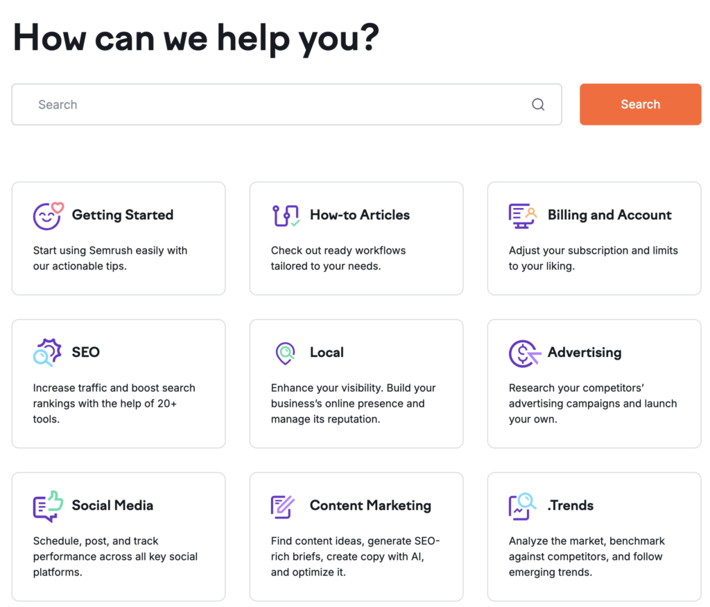 Semrush help center to guide the features for the new users