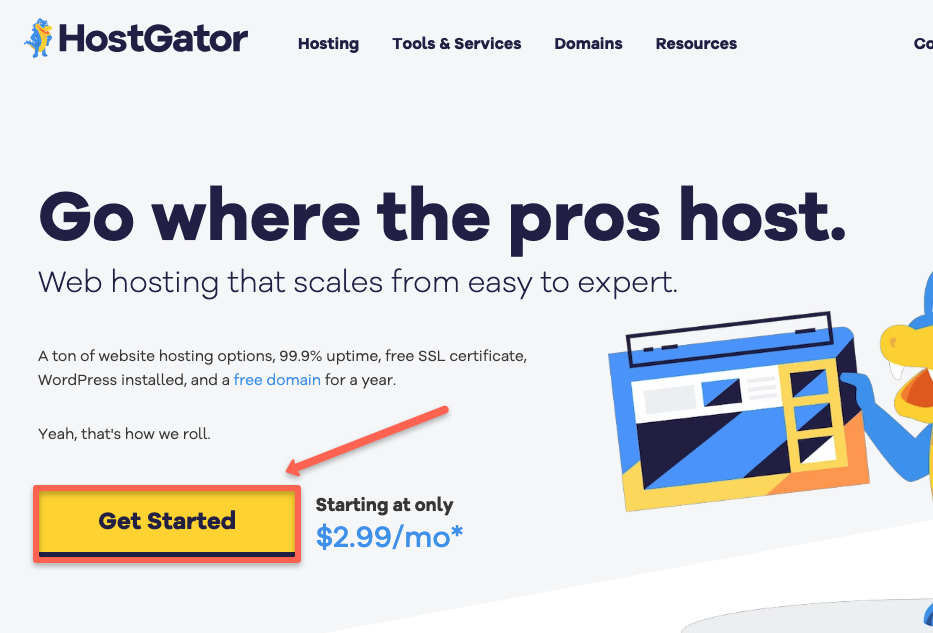 Hostgator coupon page, click the get started button to choose the plan