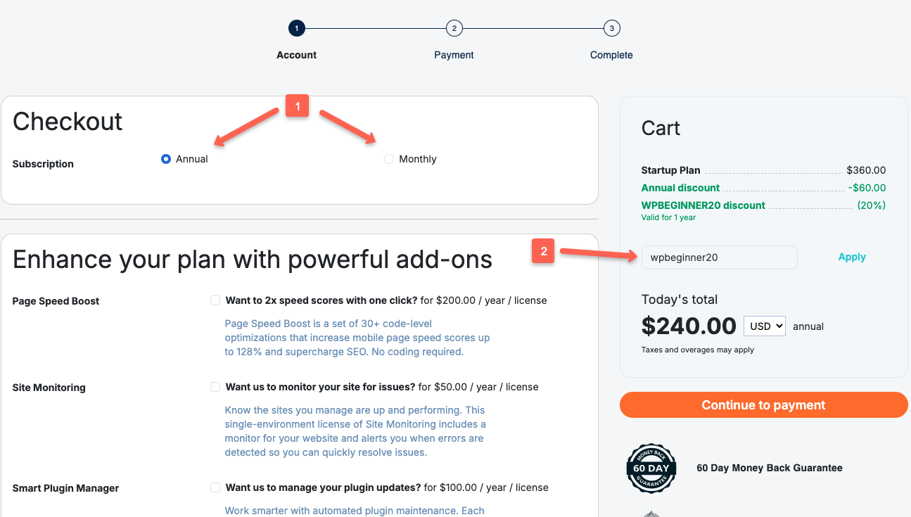 Based on the discount, choose a monthly or annual plan, then enter the coupon code in the box.