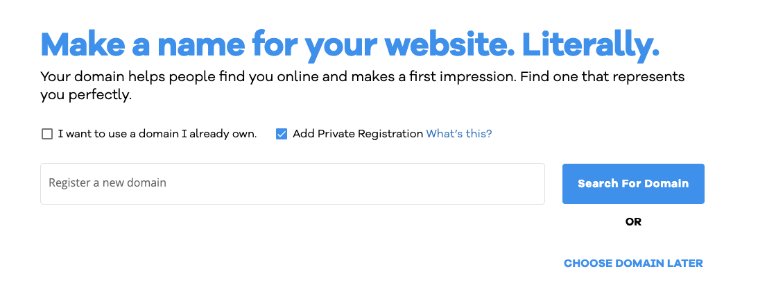 Register the domain name or, enter the existing domain, or Choose the Domain later