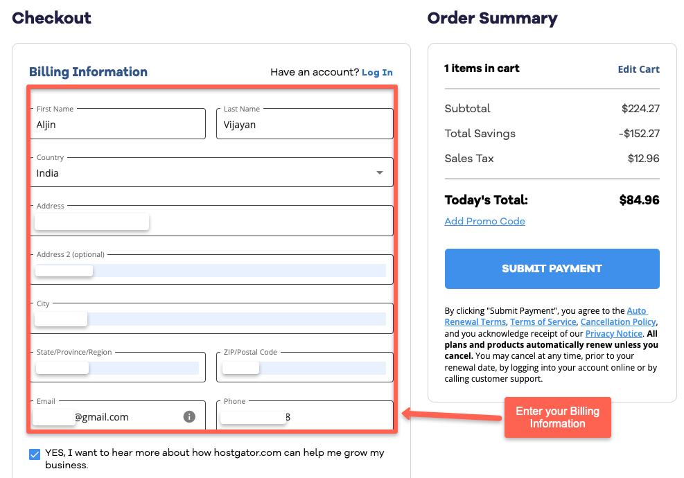 Fill the billing address for HostGator