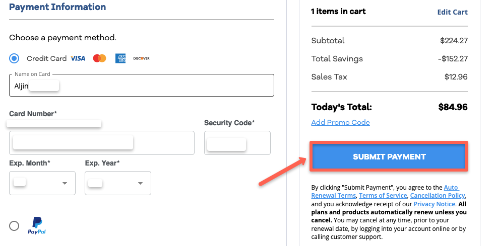 Choose the payment method, enter the credit card details and click submit payment