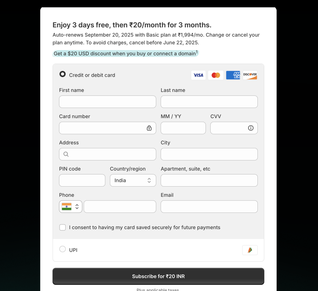 How to redeem shopify coupon:   user need to fill the credit card details and their address and click on subscribe button.