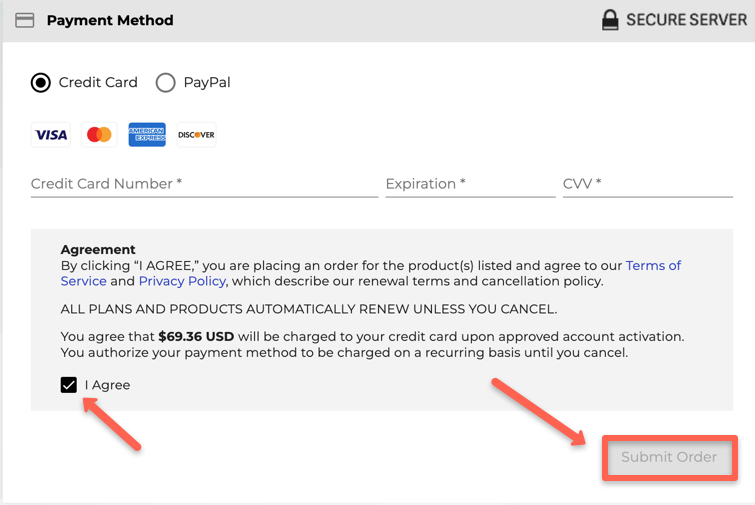 After choosing the payment method, user need click on I agree checkbox and click submit order button to purchase the hosting
