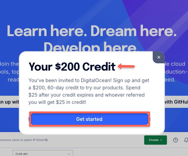 Digital ocean $200 free credit page