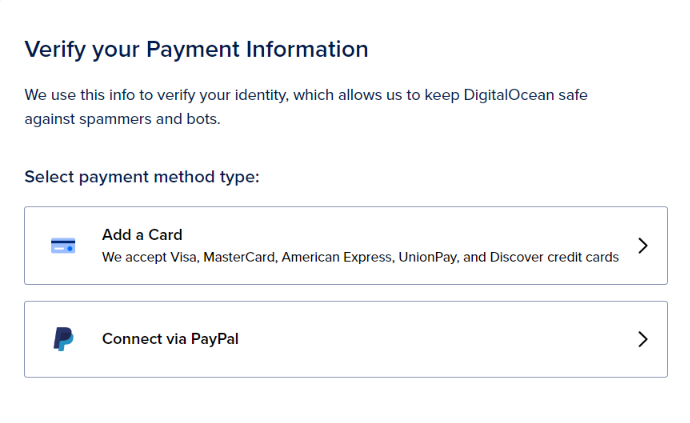 Digital Ocean payments methods: credit cards and PayPal