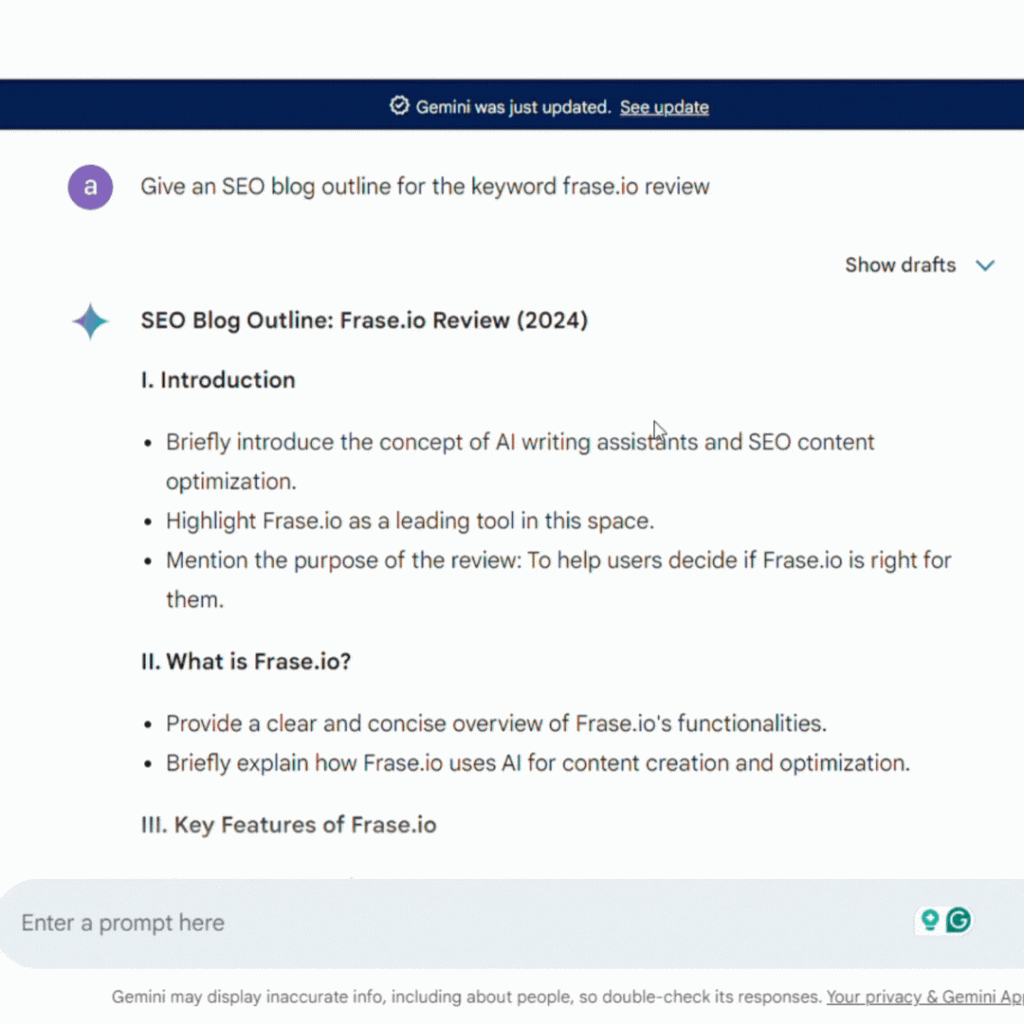 Gemini generating SEO blog outline for my prompt