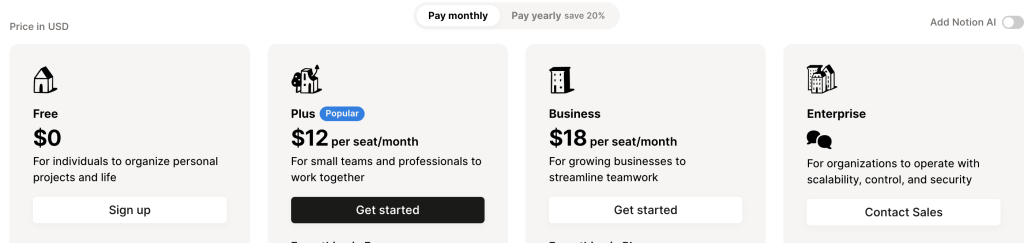 Notion monthly plans and pricing