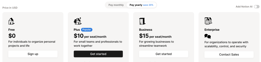 Notion yearly plans and pricing