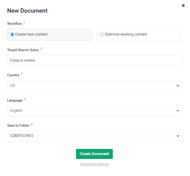 frase.io New document options