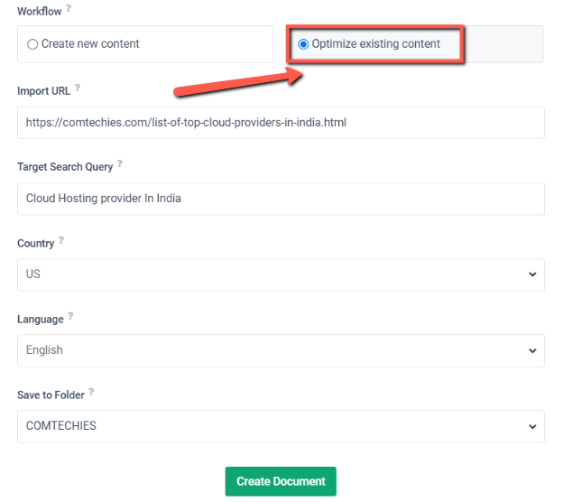 Frase.io: optimizing existing content option