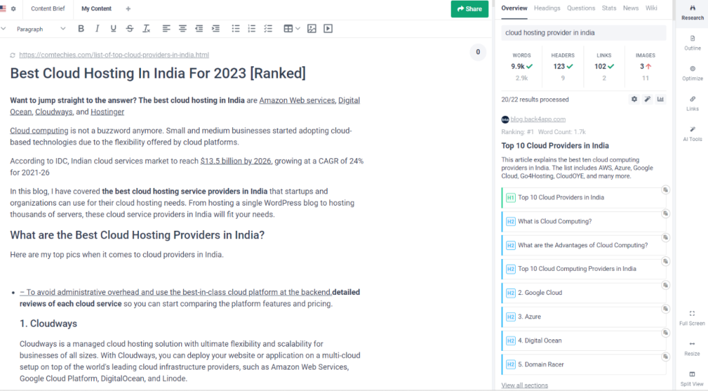 example: Existing blog imported page of frase.io
