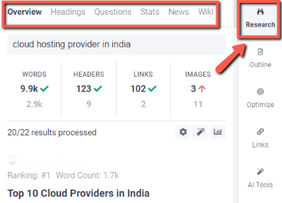 About reserach option of frase.io