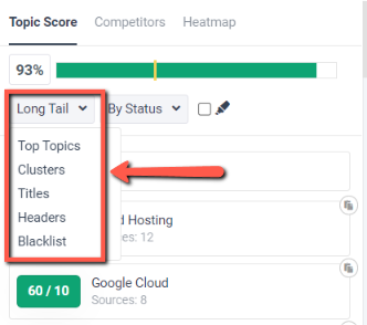 frase.io, I'm showing the options in the topic score about, long tail, top topics, clusters, titles, headers and blacklist
