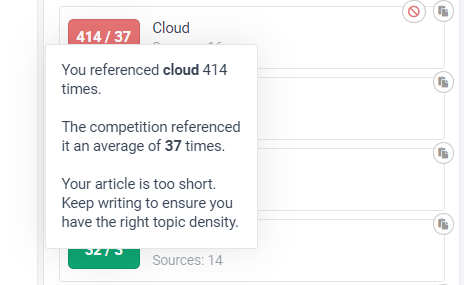 example frase.io: this image says about, what the red colour indicates in frase.io
