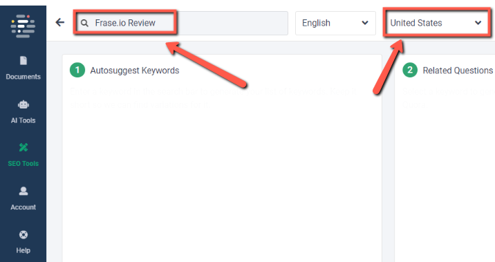 Example: Outline builder in frase,io..serach bar of outline builder
