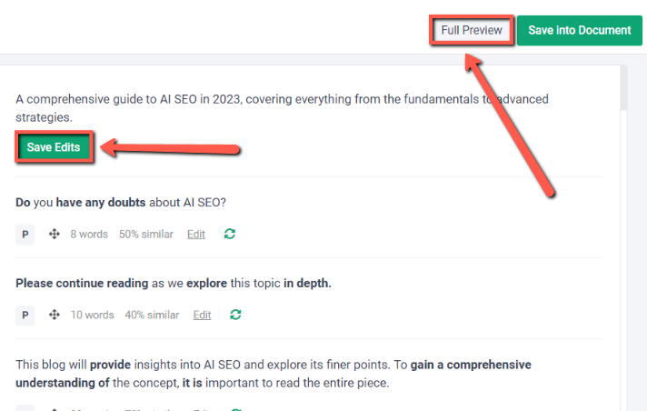 Article rewriter seo tool in frase.io. example of full preview option.