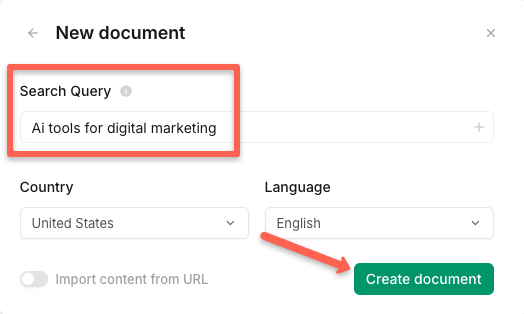 Frase 2.0, insert the keyword or search query and click create document.