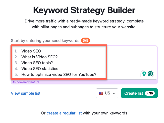keyword strategy builder tool in semrush and added 5 keywords to cluster the keywords