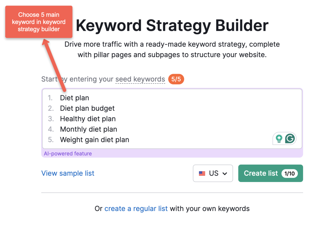 How to do keyword clustering with Semrush keyword manager: Enter 5 seed keywords for keyword clustering