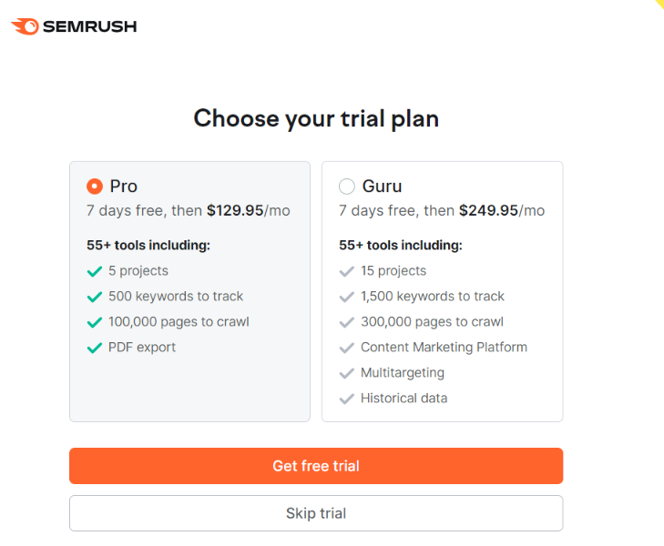 choose your trial plan in semrush