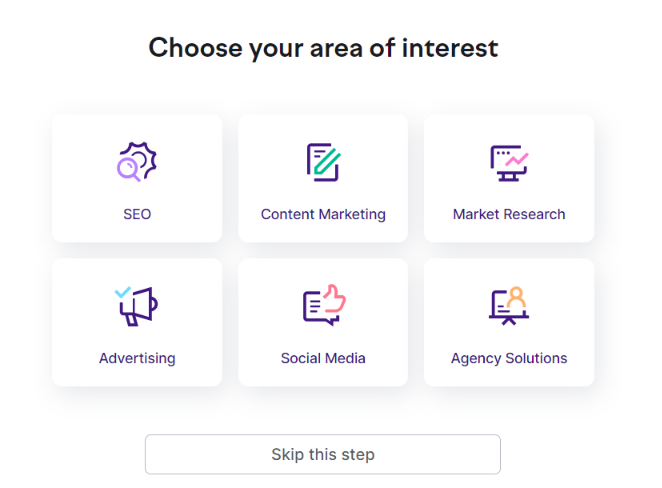 choose your area of interest in semrush