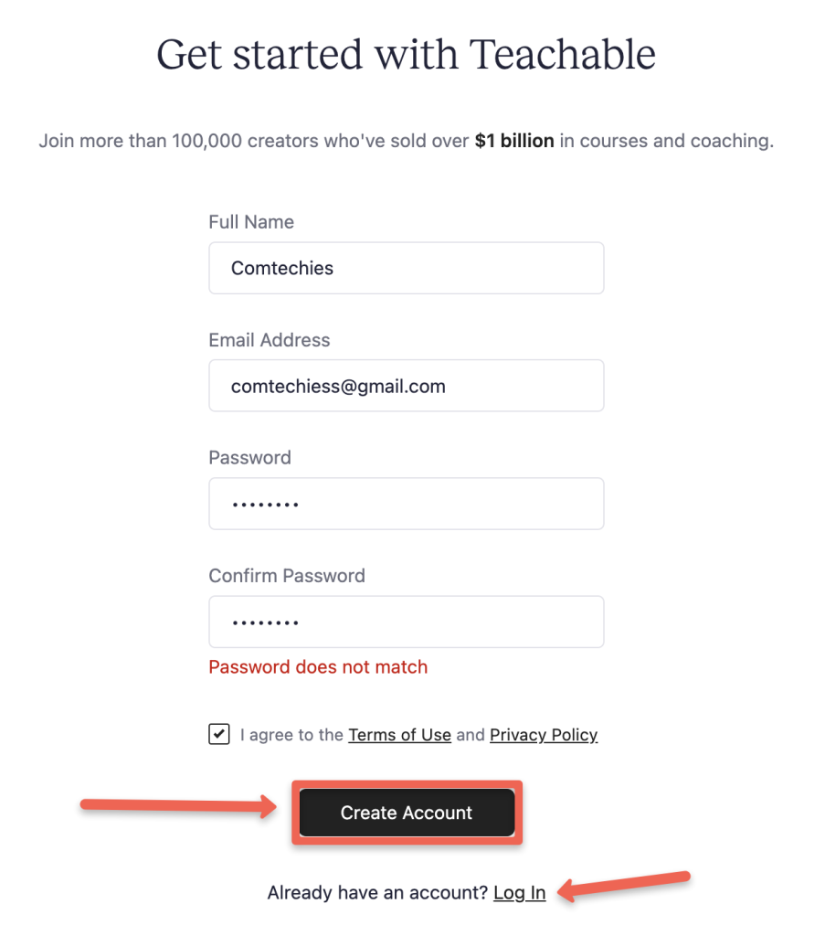 Enter your name, email address, and password. Then click the 'Create Account' button. If you already have an account, log in with it.
