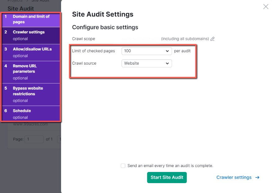 The feature settings are Domain and limit of pages, Crawler settings, Allow/disallow URLs, remove URL parameters, Bypass website restrictions, and schedule. Set these wisely, according to your needs.