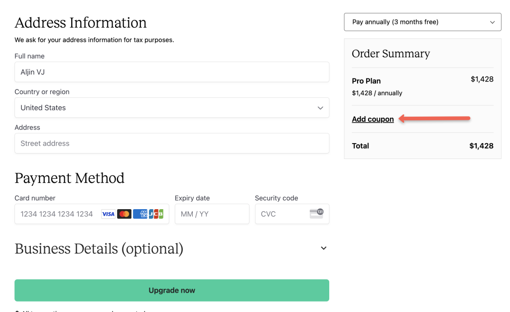 Add your card details&nbsp;and click on the&nbsp;'Add Coupon'&nbsp;option on the right side