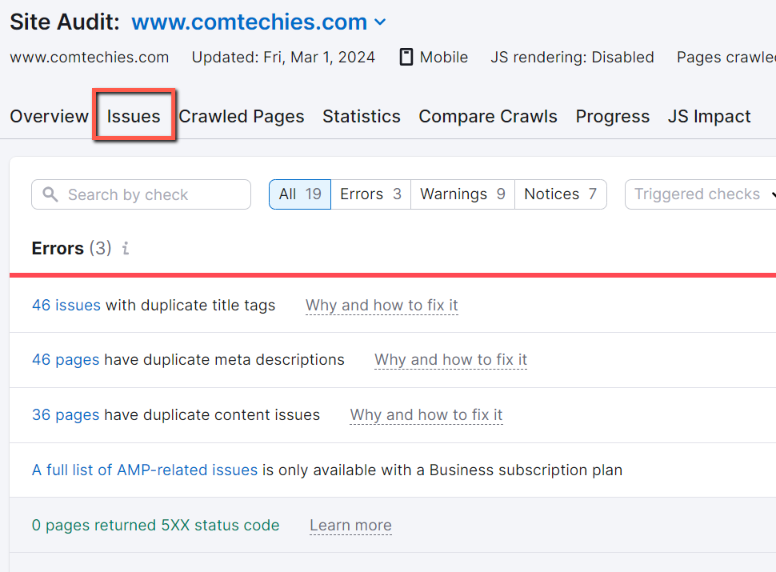 Semrush site audit: issues page
