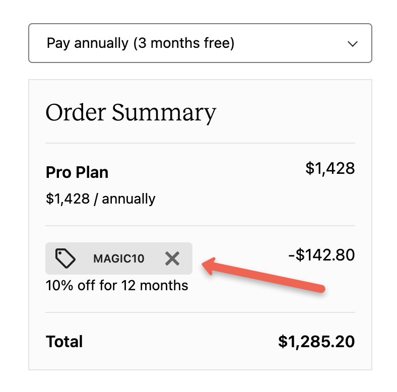 Enter the valid coupon in the text box, and if it is valid, it will automatically apply the discount