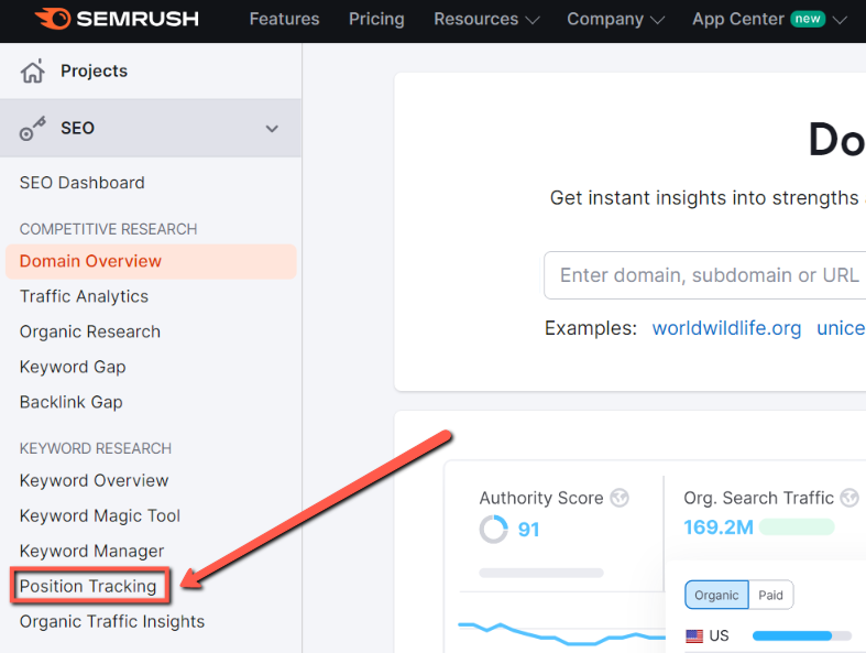 Semrush Position Tracking: showing where you can find the position tracker in semrush