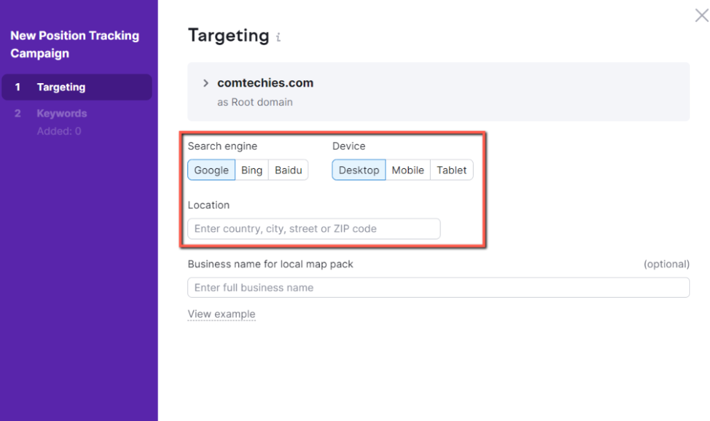 Semrush Position Tracking: show to create a position tracking, by entering, search engine, device, location and local business name
