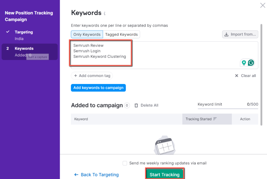Semrush Position Tracking: its page for enter the tracking keywords