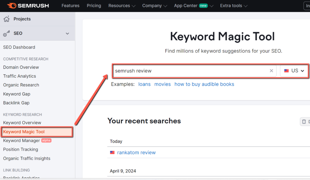 Semrush Keyword Magic Tool page