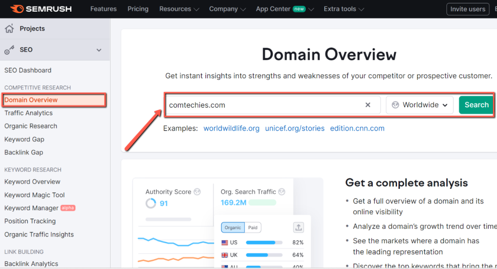 Now enter your domain or your competitor's domain to analyze. For example, I'm inserting my domain(comtechies.com). Also, you have the option to select the country.