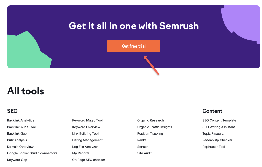 Semrush coupon: click the Get 'Free Trial button'