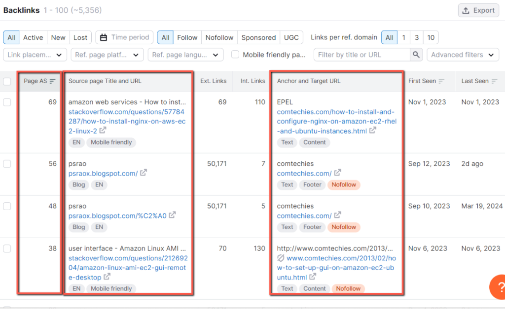 This one will help you to see the quality of your backlinks. Page AS means Authority Score, don't be confused.