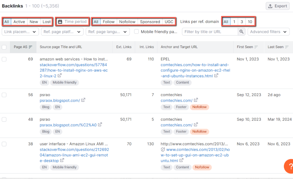 Here you have the option to filter things like active, new, and lost, use time period to find those days you selected, and choose to know link types, follow, unfollow, sponsored, and UGC.