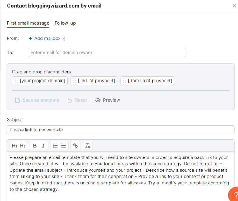 Now, insert the email ID and write an outreach strategy mail to get a backlink.