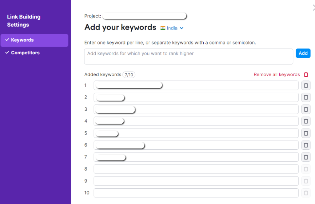 After that, enter your 10 keywords that are ranking higher in the SERPs.