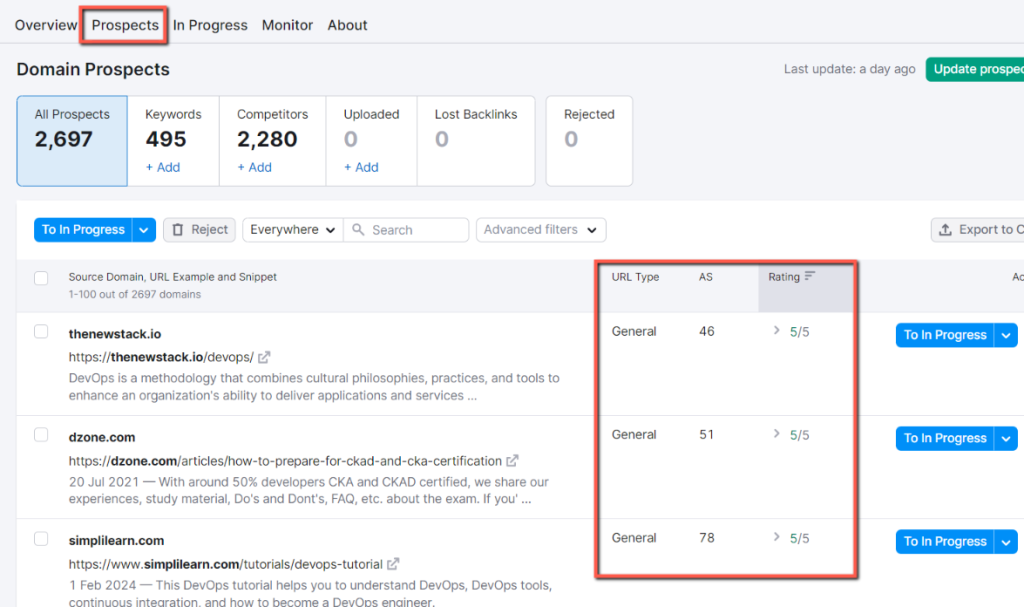 Now, come over to the Prospects tab. These are the domains, you need to reach out for the backlinks. If you compare it to other tools, it is easy to identify its authority score and the URL type.