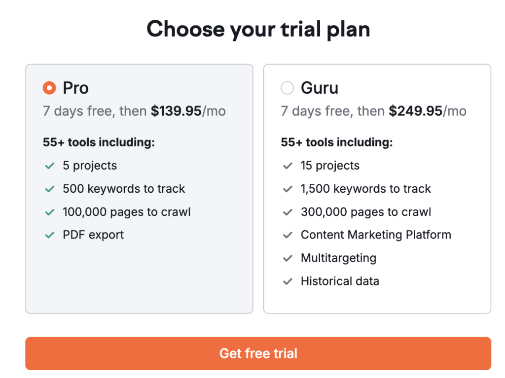 Semrush coupon: Choose the plan you want to experience in a free trial and click the 'Get Free Trial' button.