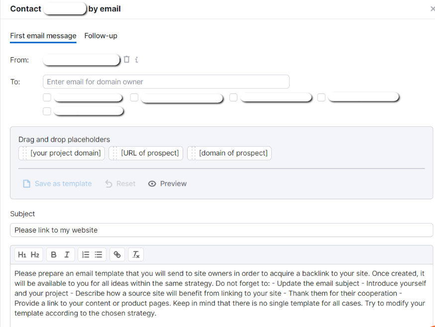 Here is a tab for sending the mail. If you don't add your email ID, first add it. Semrush analyzes the domain and provides you with the Email ID of the targeted domain.