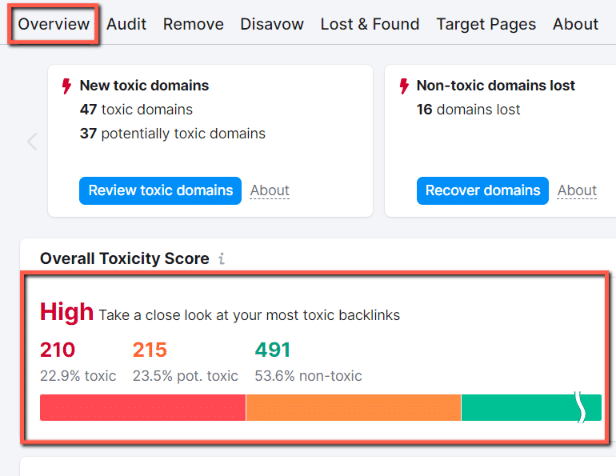 Remove toxic backlinks: In the overview tab, you can see the overall score of your toxic links, which are linked to your website. Also, it shows the percentage of links.  Three colors are shown in the graph,  Red - Toxic (Score 60-100)  Orange - Potentially toxic (score 45-59)  Green - Non-toxic (score 0-44)