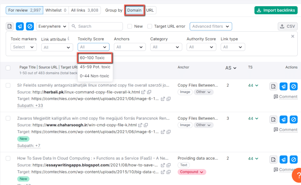 Remove toxic backlinks: Now, move to the audit tab. Here you will find the links, which are harmful to your site.  My suggestion is, in the filter choose a domain and toxic score from 60-100. Because it is the first thing you want to remove