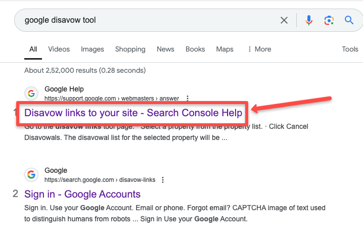 Remove toxic backlinks: type the Google Disavow tool in the search box and click the first link. As shown in the image.